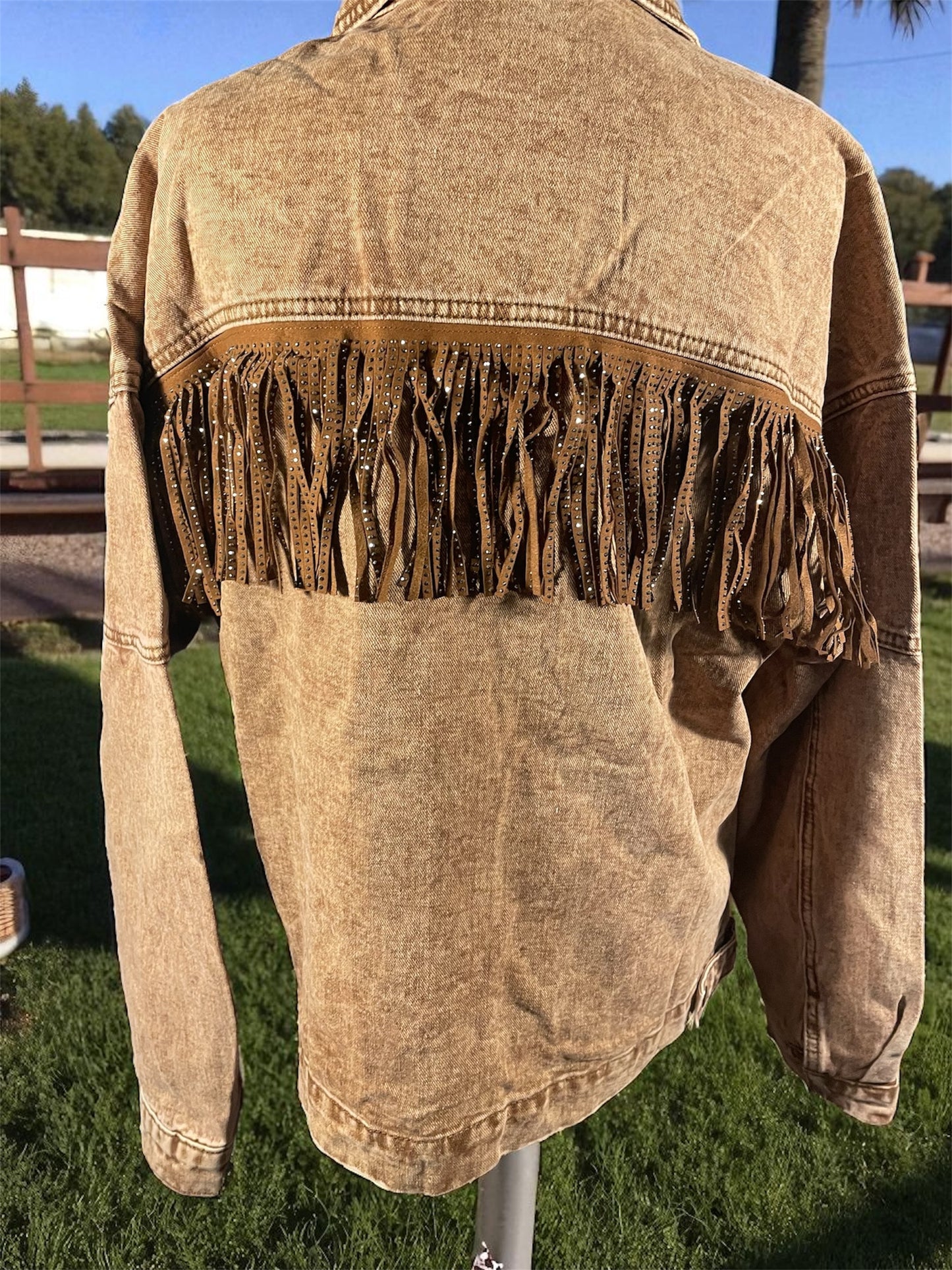 Fringe Trim Denim Snap Down Jacket Brown