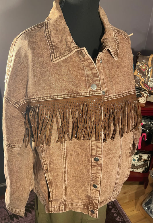 Fringe Trim Denim Snap Down Jacket Brown