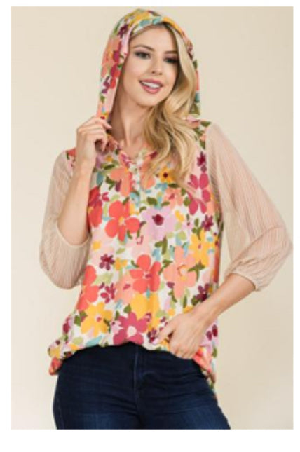 Floral Hoodie with Mesh 3/4 inch Sleeves