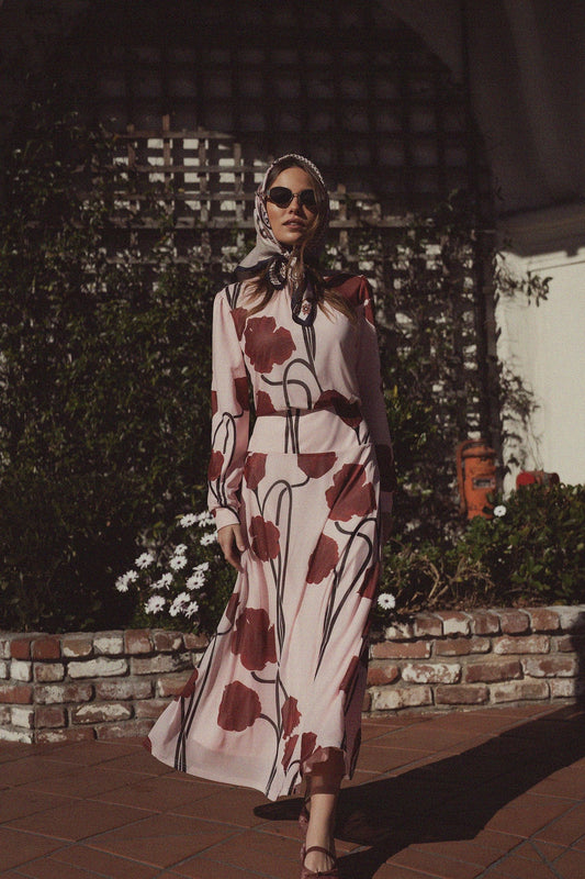 Waist Yoke Dress-Mesh Pink Floral-0