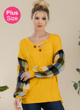 Plaid Sleeves V-Neck Blouse