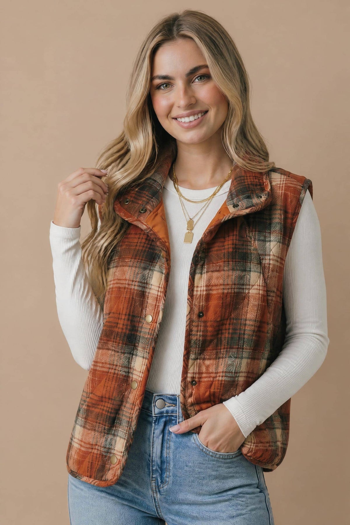Pre-Order: Plaid Quilted Snap Button Puffer Vest