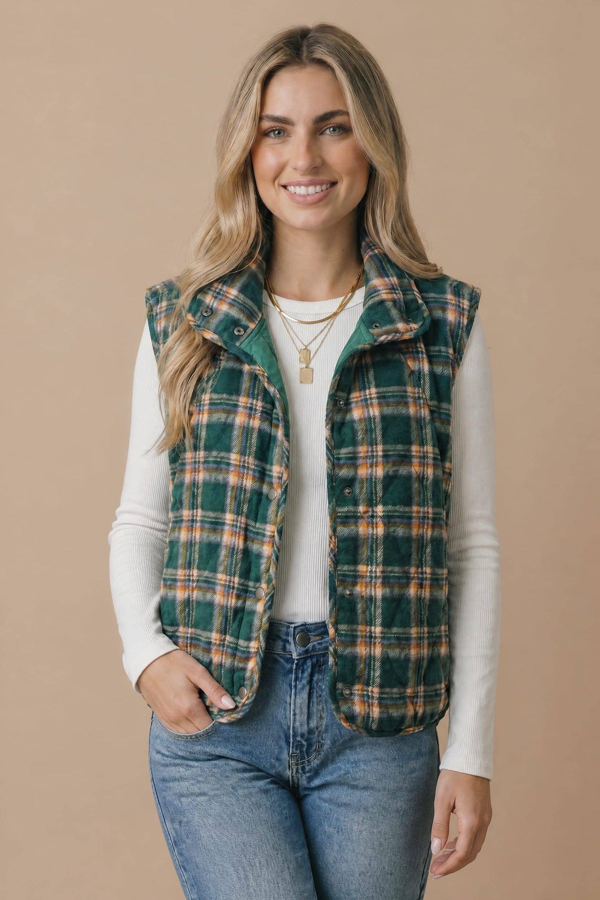 Pre-Order: Plus Snap Button Down Plaid Quilted Puffer Vest