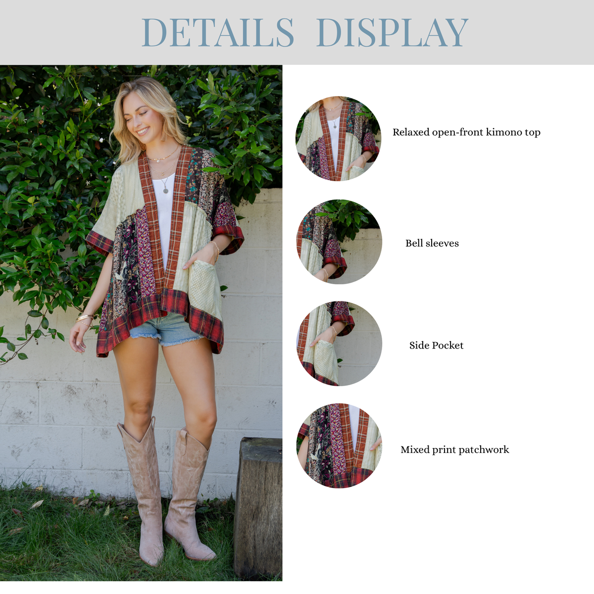 Mixed Patch Kimono Shrug with Draped Asymmetric Hem
