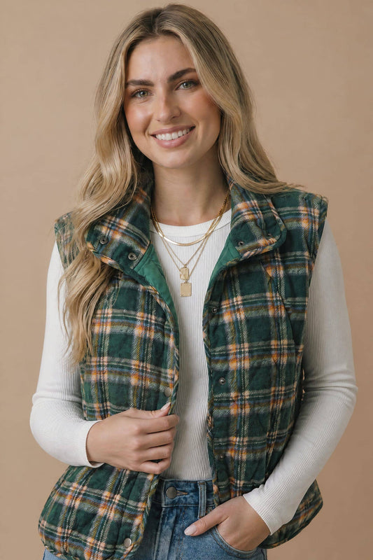 Pre-Order: Plus Snap Button Down Plaid Quilted Puffer Vest