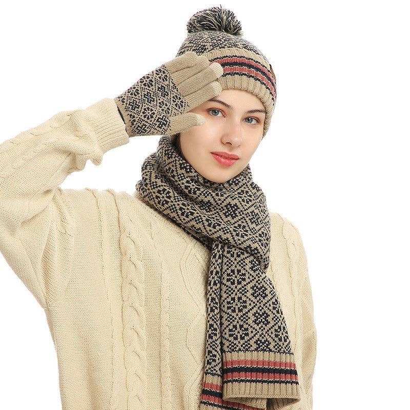 Three-Piece Woolen Hat, Scarf And Gloves