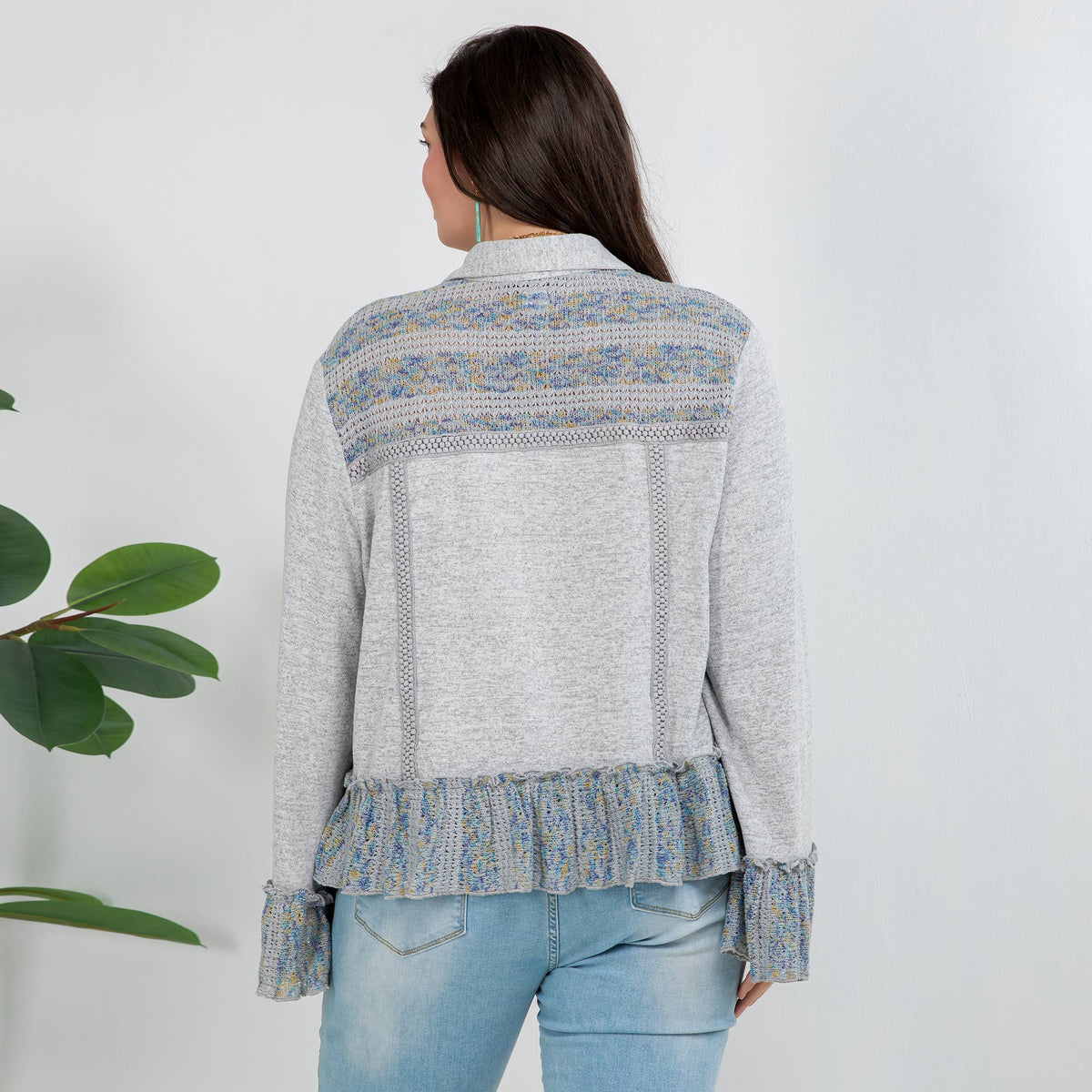 Cozy Knit Boho Jacket Top with Crochet & Frills - New 