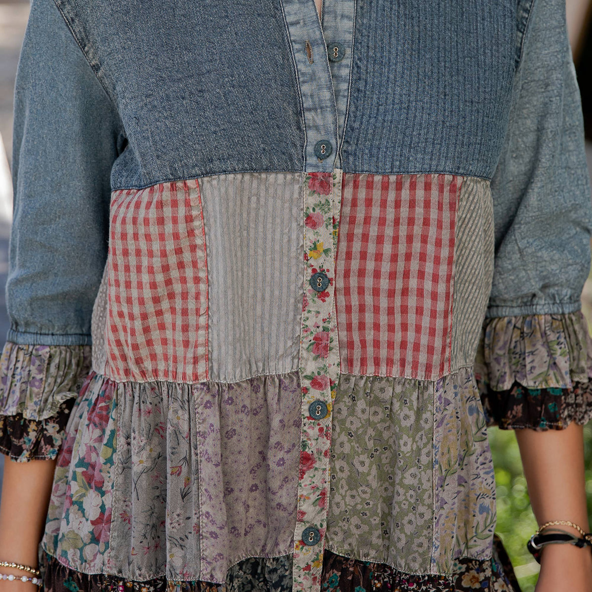 Western Denim Yoke Patchwork Tiered Tunic Top (New Color)