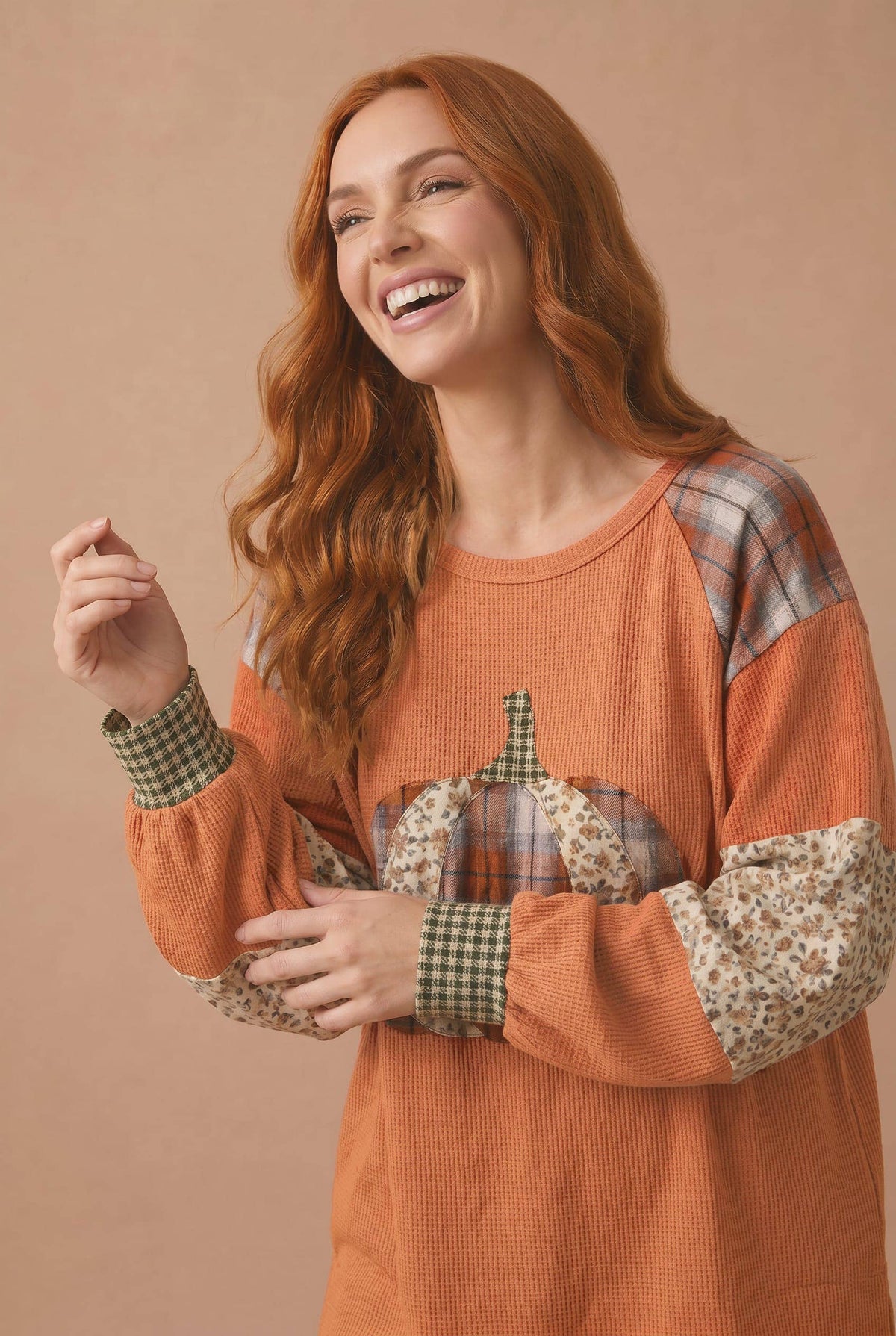 Pre-Order: Pumpkin Patchwork Thermal Knit Top