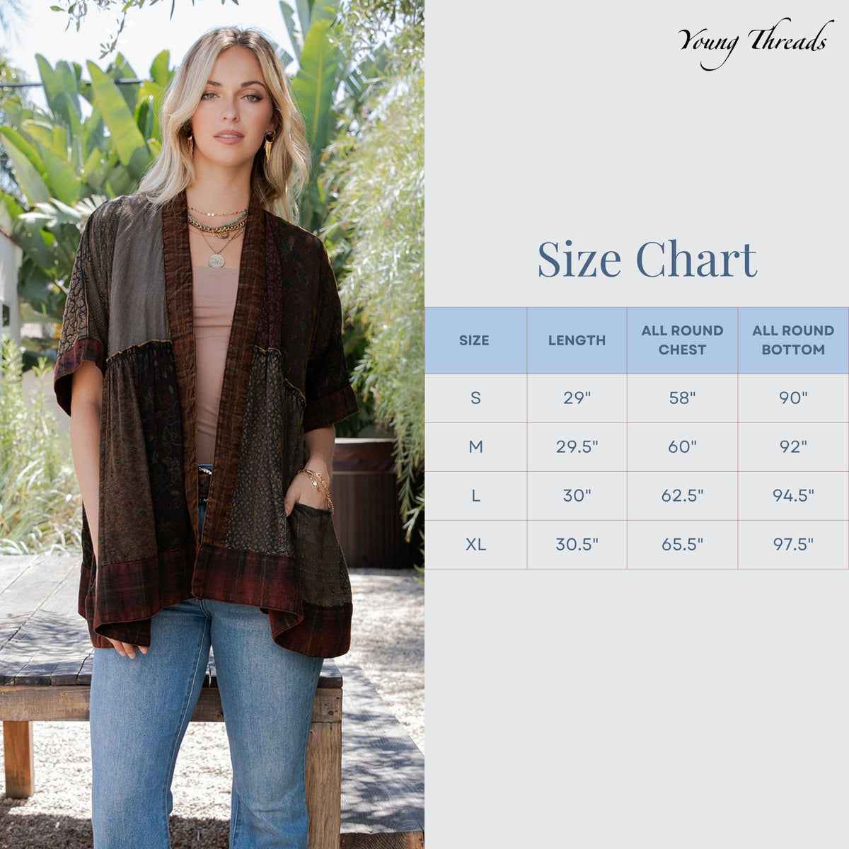 Mixed Patch Kimono Shrug with Draped Asymmetric Hem
