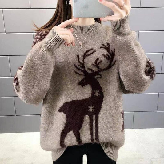 Deer Jacquette Round Neck Knit Sweater