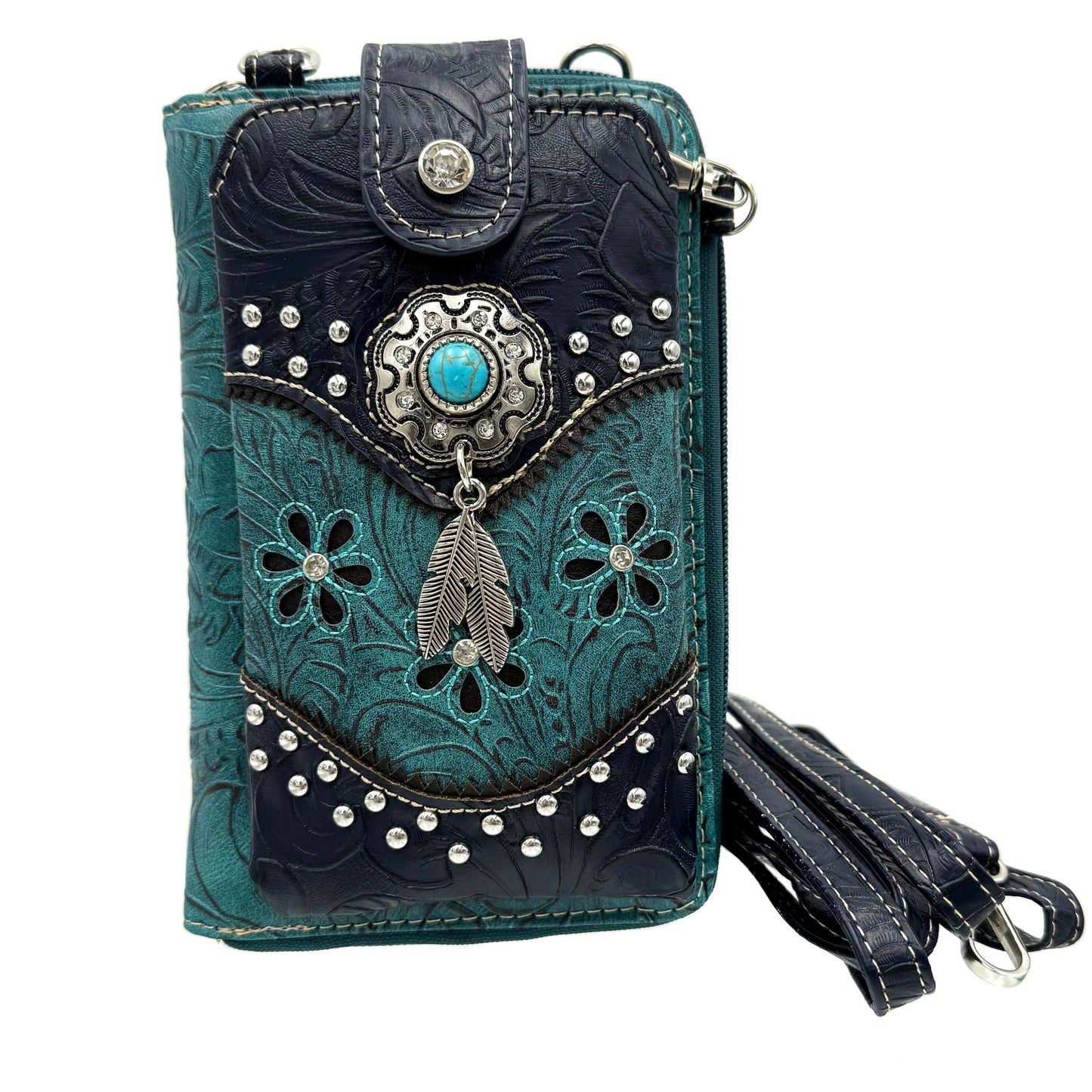 Turquoise Stone Feather Leather Western Phone Wallet