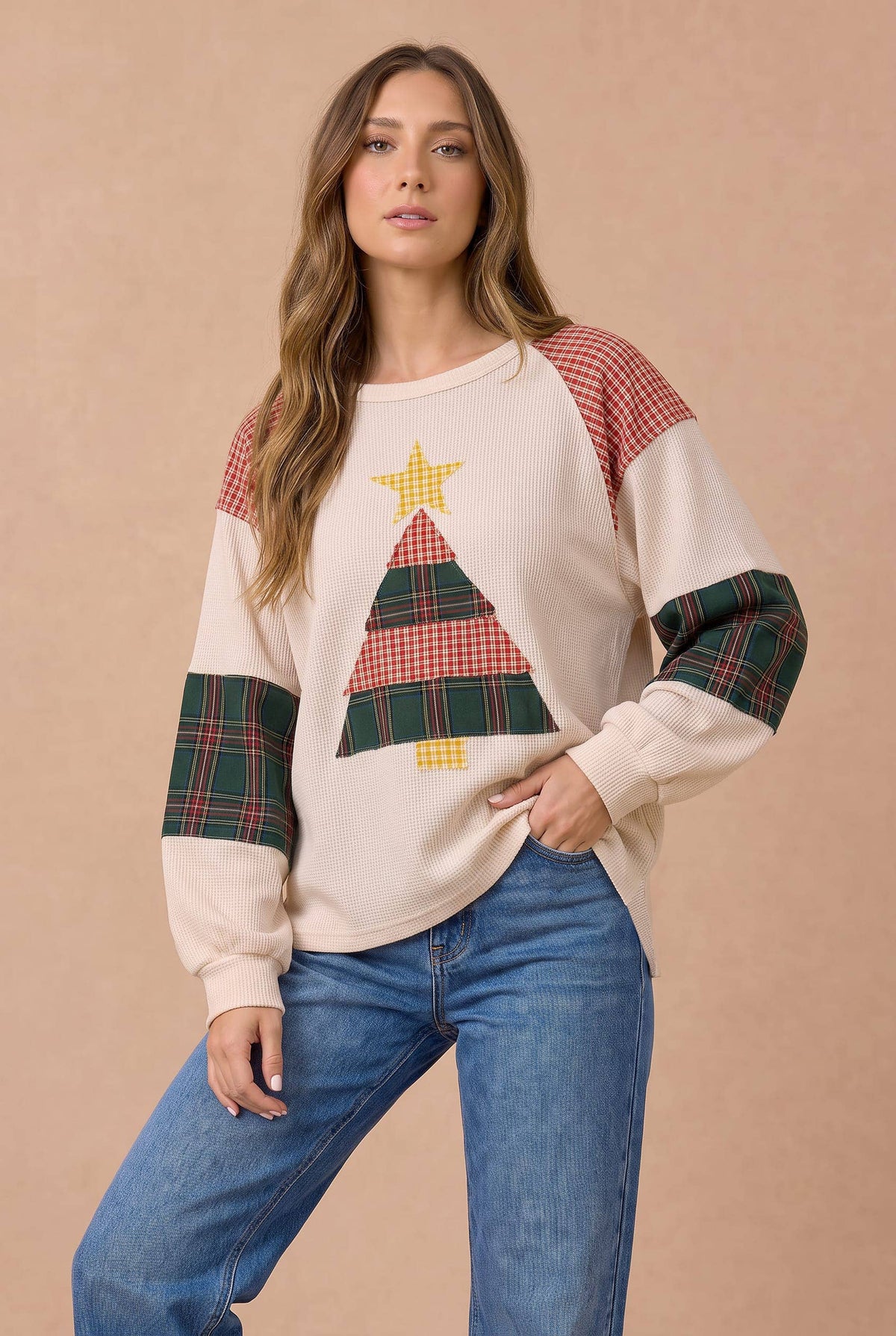 Pre-Order : Christmas Tree Plaid Color Block Top