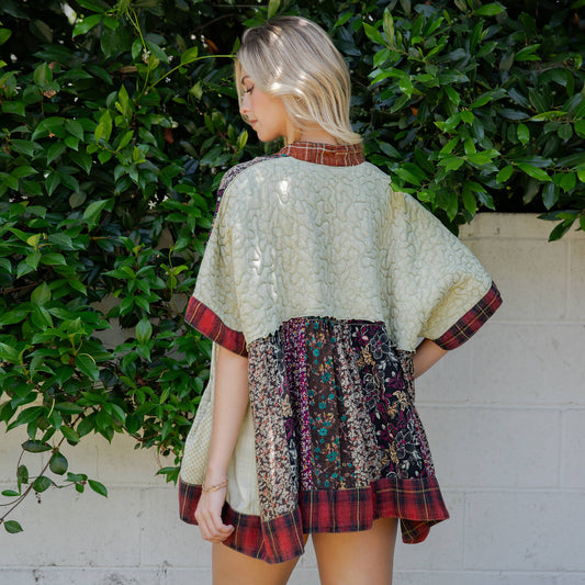 Mixed Patch Kimono Shrug with Draped Asymmetric Hem