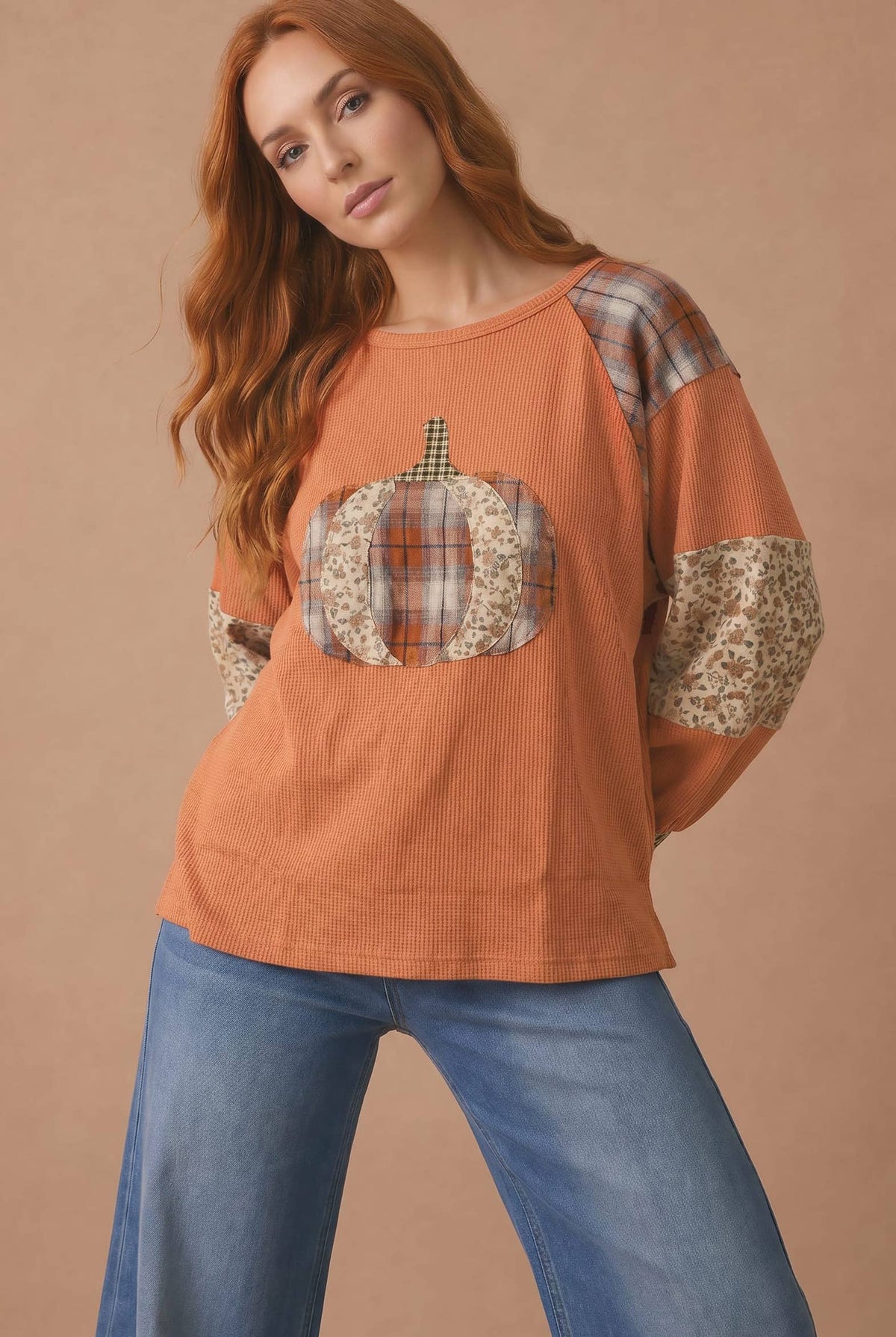 Pre-Order: Pumpkin Patchwork Thermal Knit Top