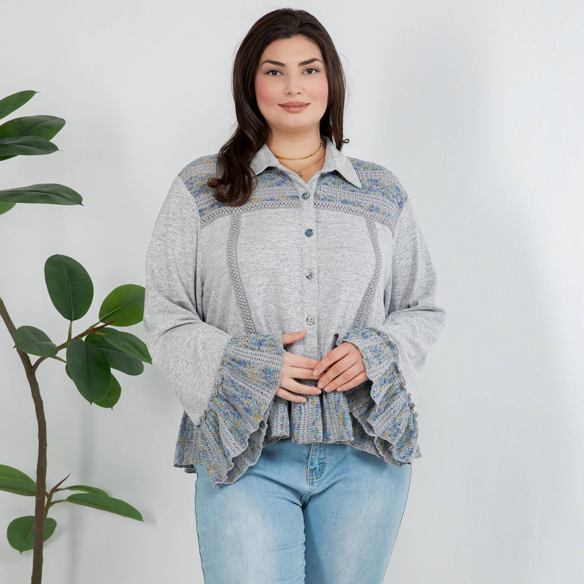 Cozy Knit Boho Jacket Top with Crochet & Frills - New 