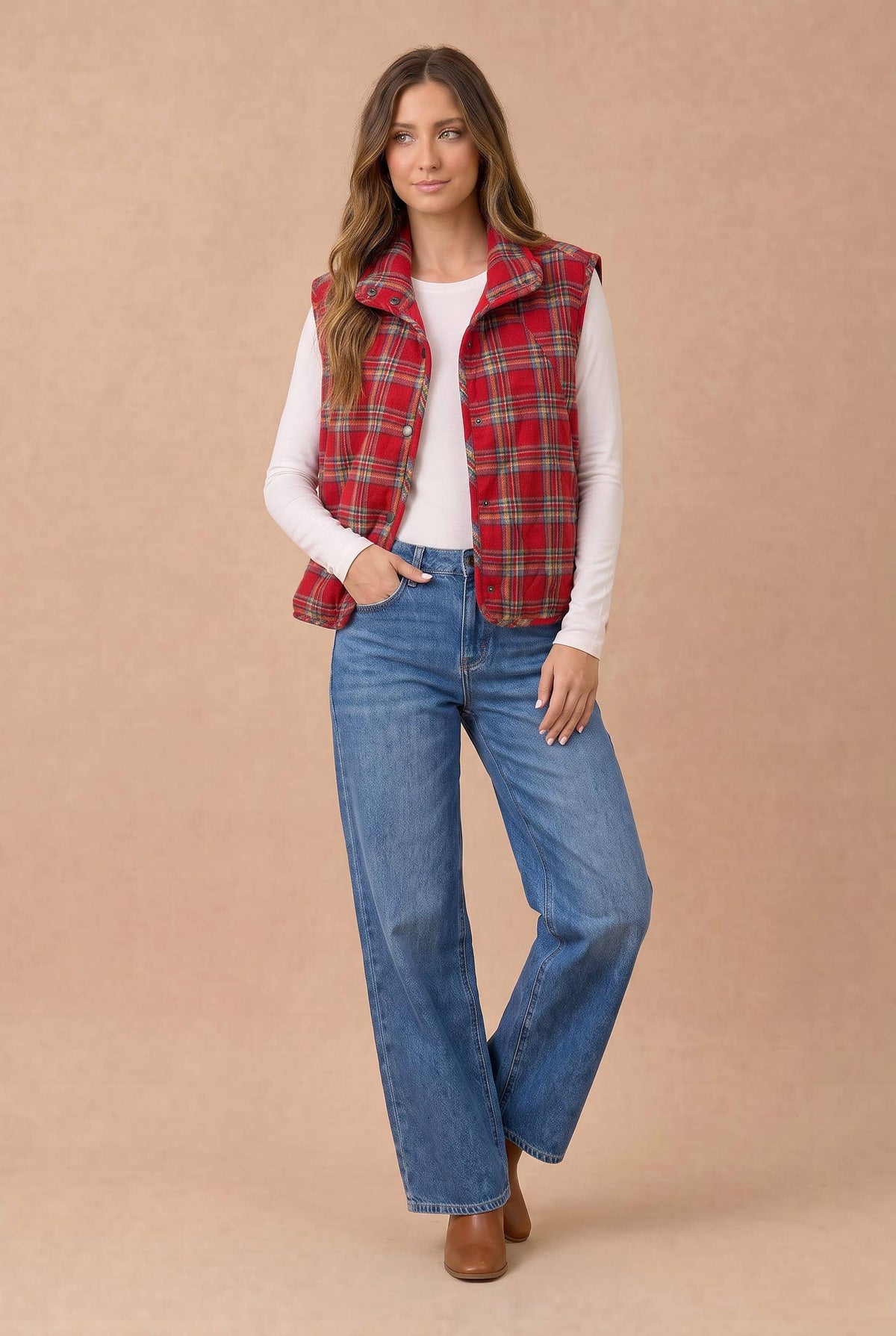 Pre-Order: Plus Snap Button Down Plaid Quilted Puffer Vest