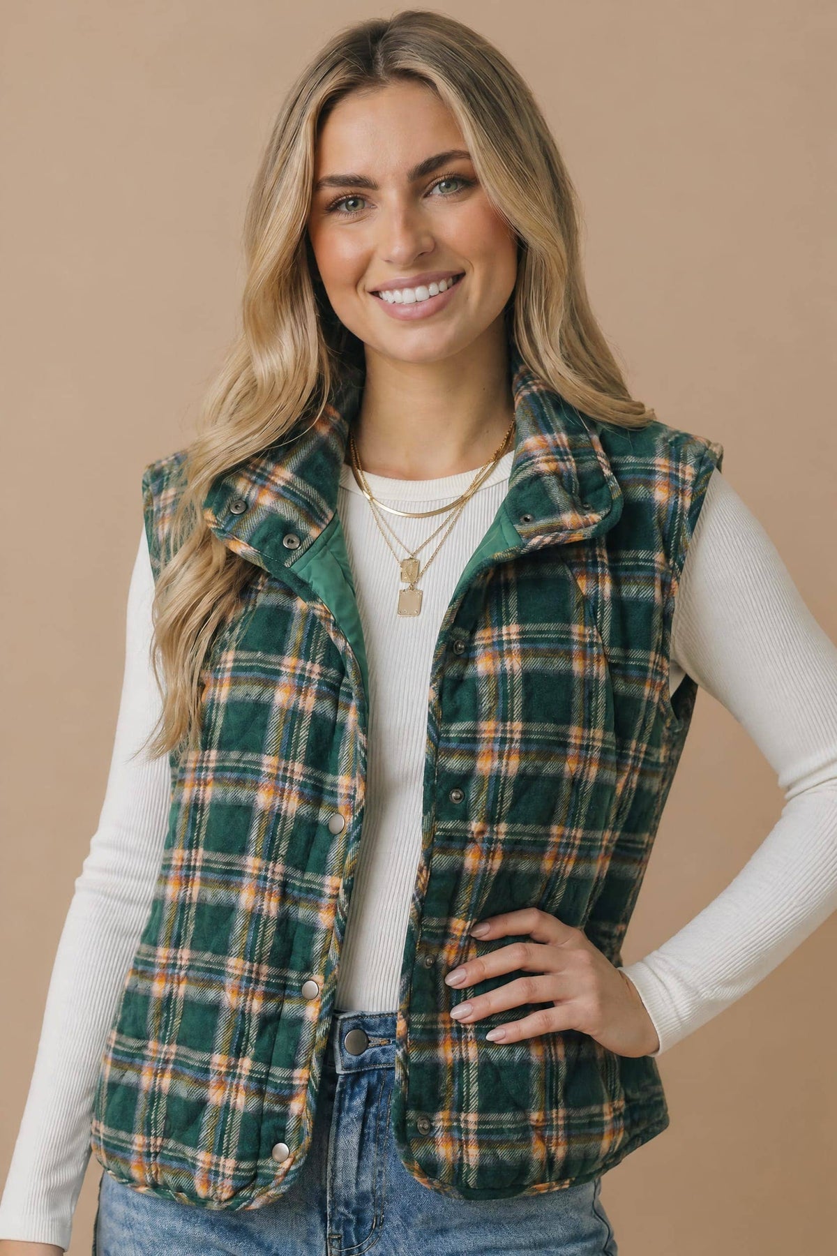Pre-Order: Plus Snap Button Down Plaid Quilted Puffer Vest
