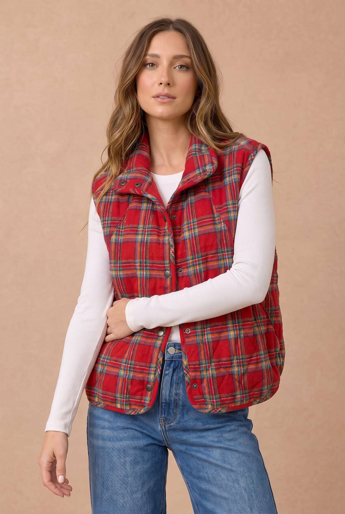 Pre-Order: Plus Snap Button Down Plaid Quilted Puffer Vest