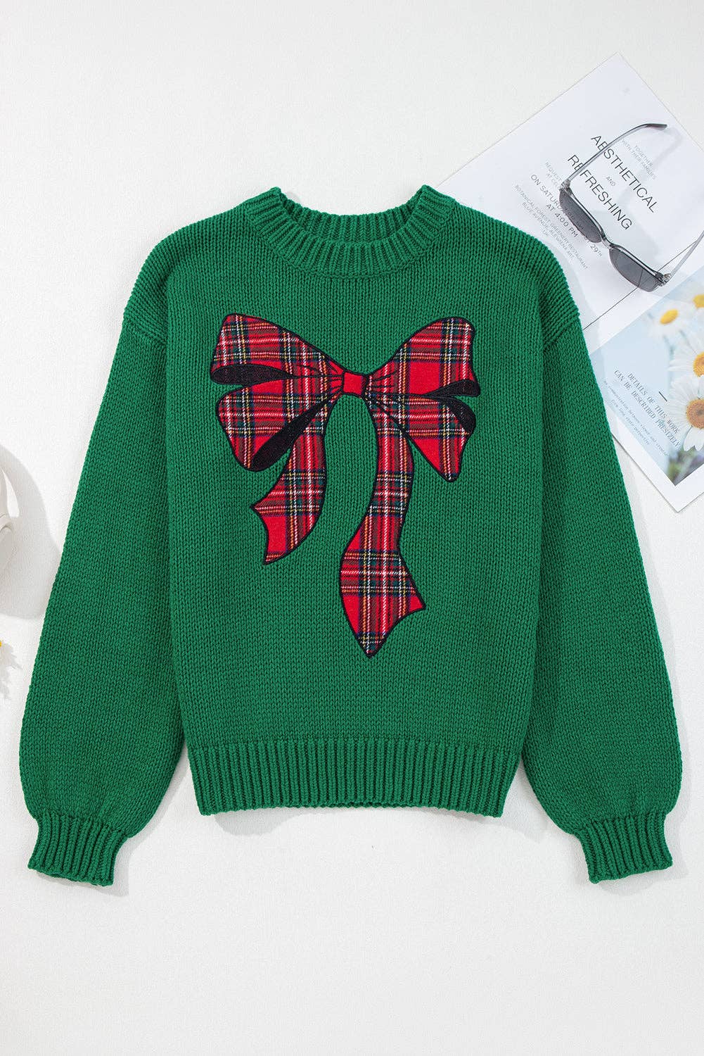 Evergreen Plaid Bow Graphic Christmas Sweater
