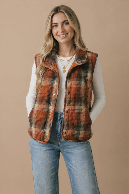 Pre-Order: Plaid Quilted Snap Button Puffer Vest