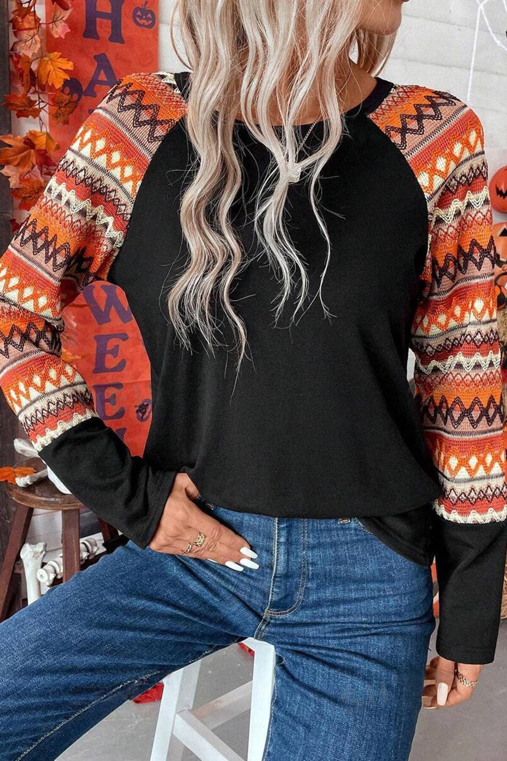 Orange Geo Print Raglan Long Sleeve Tee
